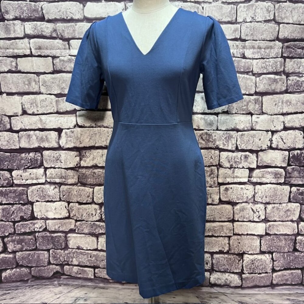 Ann Taylor Blue V-Neck Midi Sheath Dress